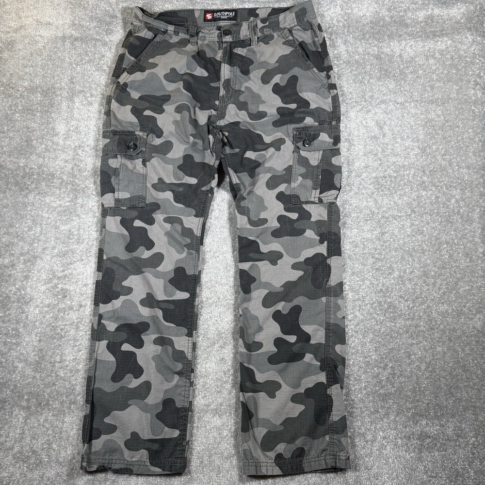 Southpole Pants Men's 36x32 Black Camo Ripstop Straight Leg Cargo Tactical